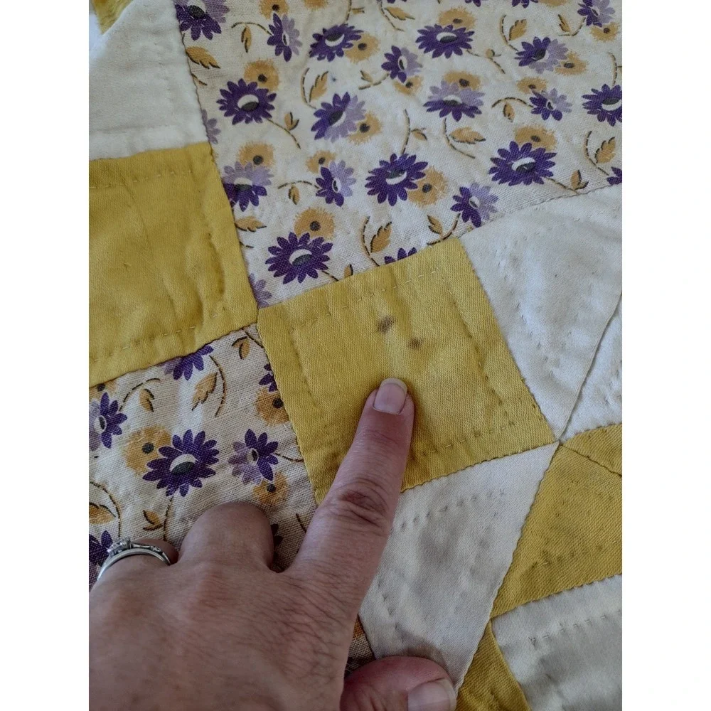 Vtg 30s WINDMILL QUILT Purple Yellow Floral Calico Scalloped Border Hand Quilted